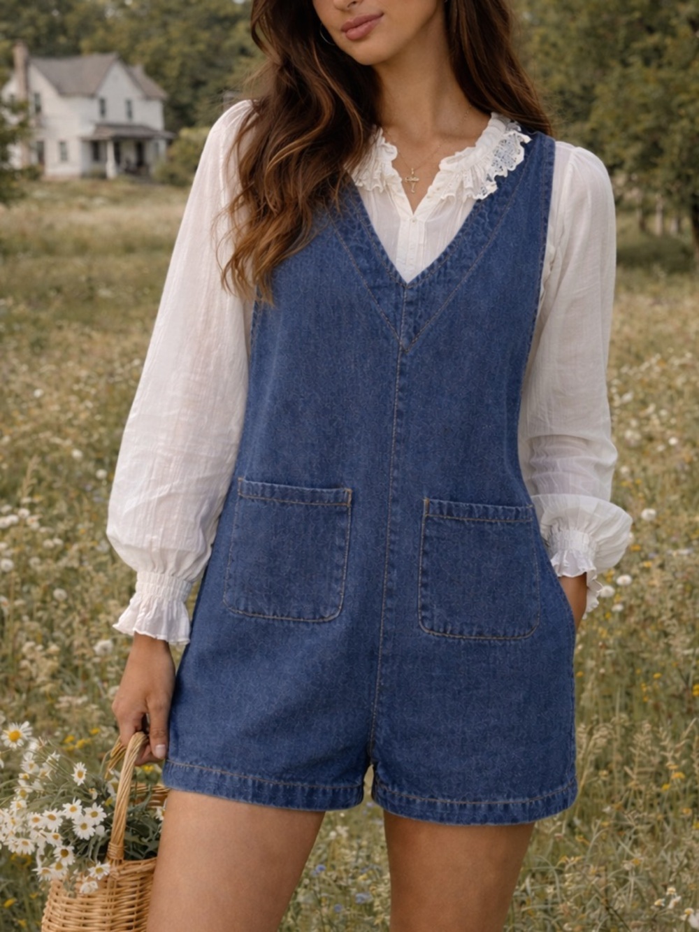 Denim Short Overalls V Neck Blue Cottagecore Romper Casual Summer Relax Prairie